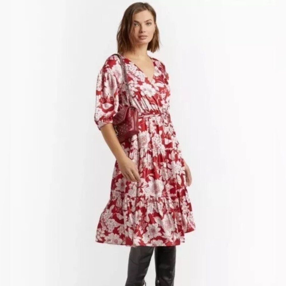 NWT REBECCA MINKOFF Mary Wrap Up Tie Floral Flowy Midi Dress MEDIUM